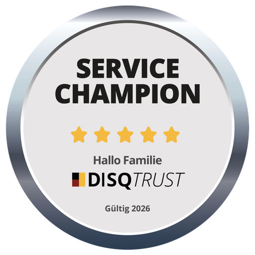DISQ TRUST Siegel: Hallo Familie Service Champion mit fünf Sternen, gültig 2026