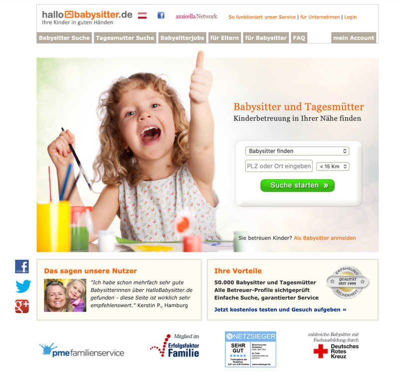HalloBabysitter.de Startseite um 2016 mit „Qualität seit 1999“